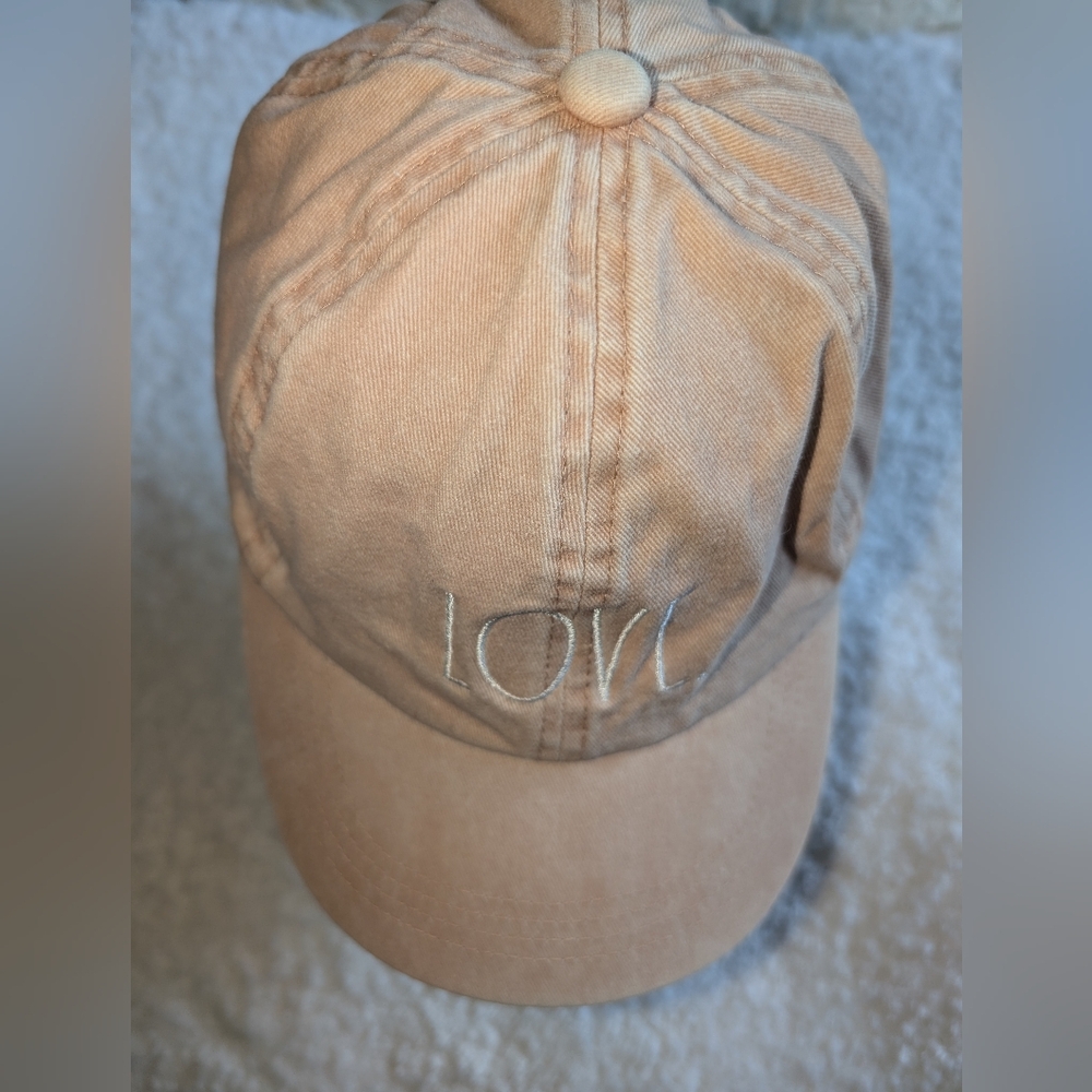 RD Rae Dunn "LOVE" Tan Cotton Baseball Cap - Embroidered Logo Adjustable Buckle